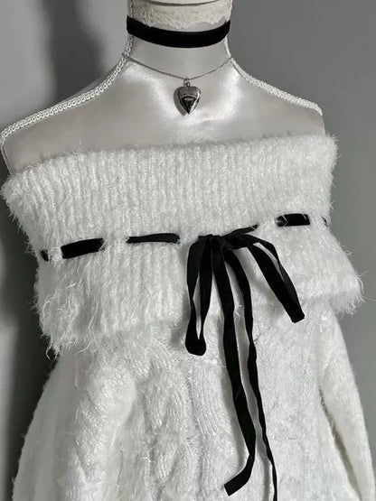 White Y2K Retro Tie-Collar Off-The-Shoulder Sweater