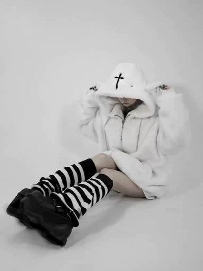 Dark Punk Lamb Ear Faux Fur Coat