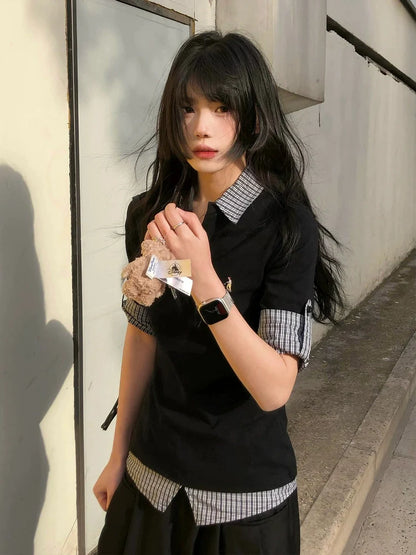 Preppy Black Plaid Polo Tee Layered Short Sleeve Fitted Top