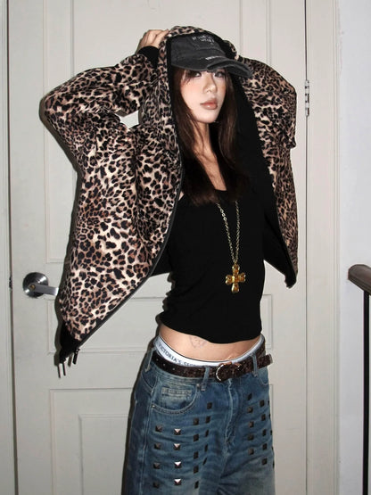 Retro Leopard Reversible Hoodie Boxy Zip Top