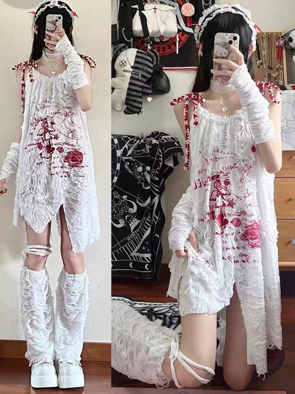 Dress [With Arm Sleeves + Leg Warmers] Subculture Y2K E-girl Toothache Angel Drawstring Textured Camisole Dress