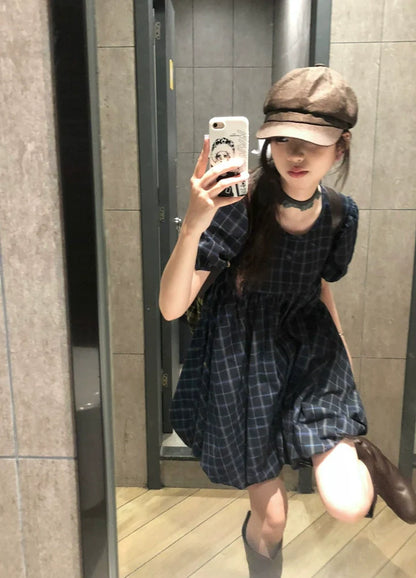 Japanese-Style Navy Plaid Baby-Doll Mini Dress