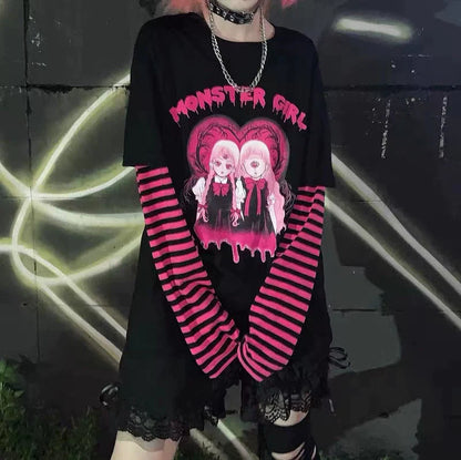 Black Subculture Punk Y2K E-girl Harajuku Manga Print Fake Two-Piece Oversized Top