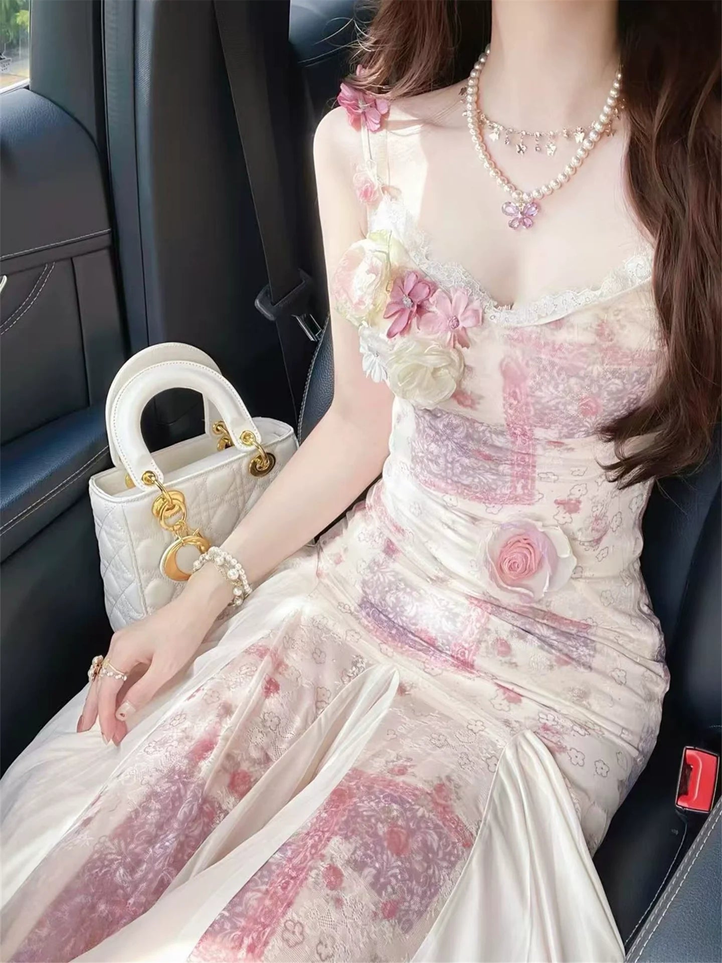 3D Flower Tulle Slip Dress for Beach Vacation