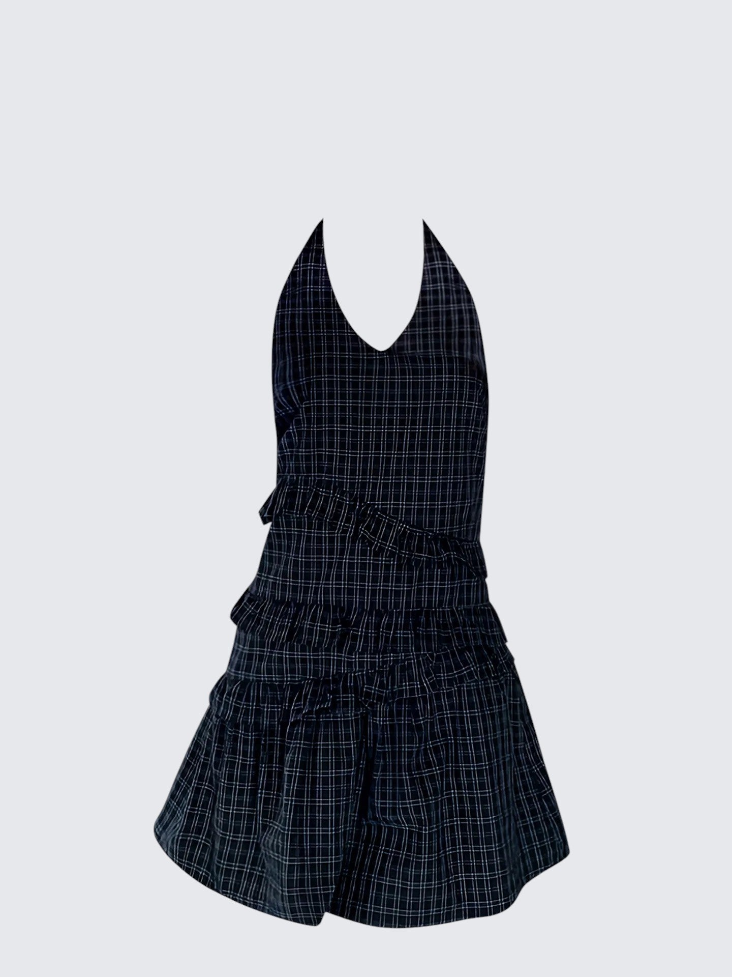 Navy V-Neck Checked Sleeveless Dress