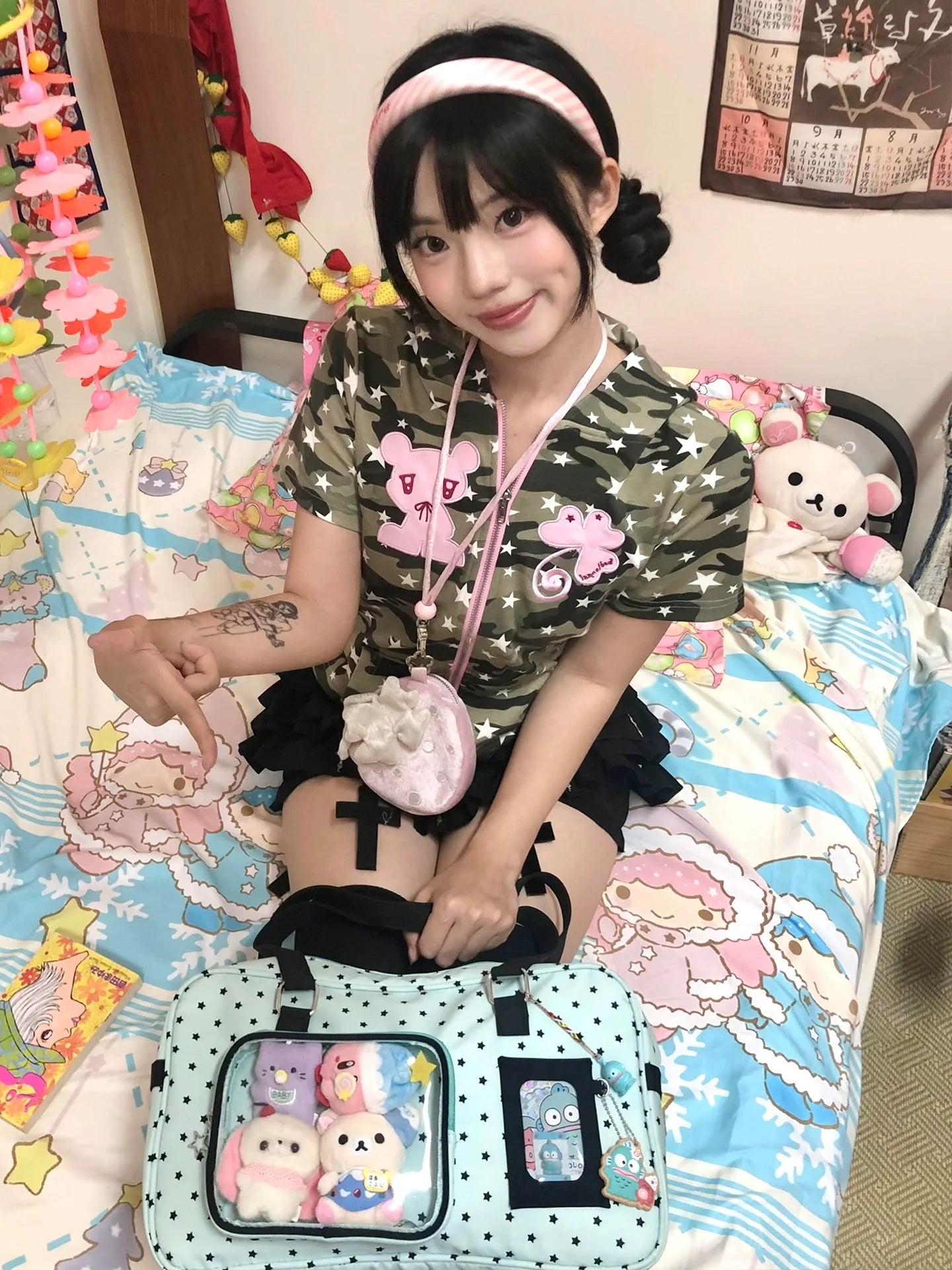 Y2K Bear Ears Hoodie Tee Camouflage Zip-Up Cropped Top