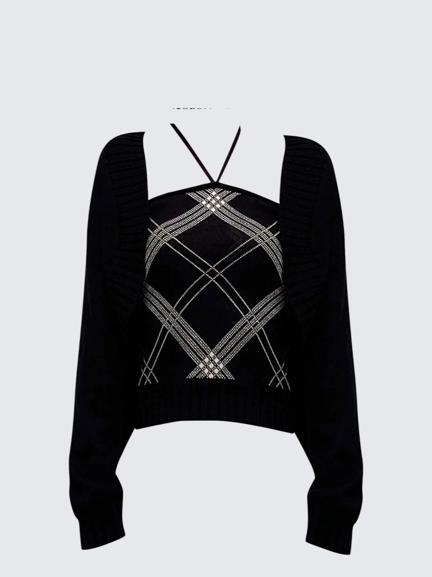 Knitted Plaid Halter Long Sleeve Cardigan Set