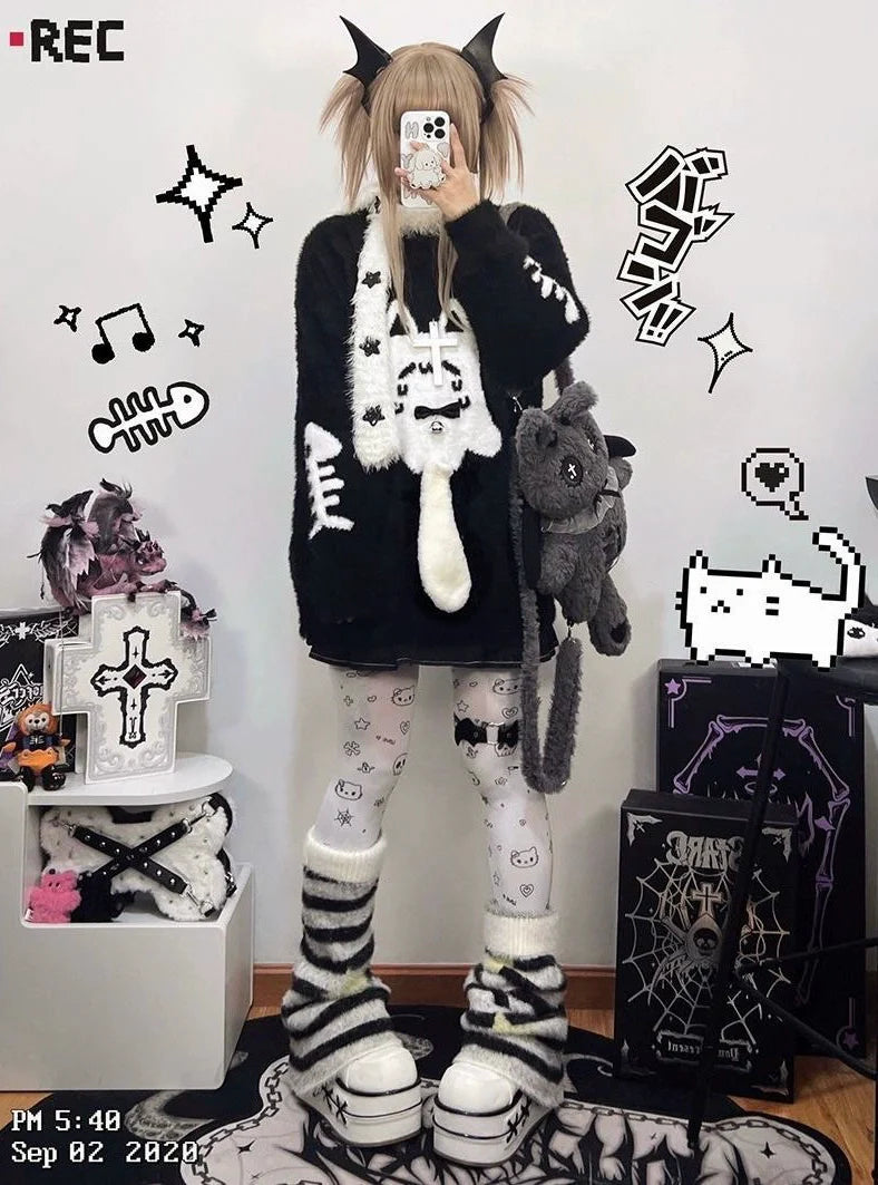 Aqua Y2K Anime Ghost Cat Faux Mink Hooded Sweater