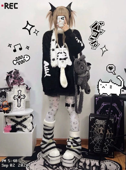 Aqua Y2K Anime Ghost Cat Faux Mink Hooded Sweater