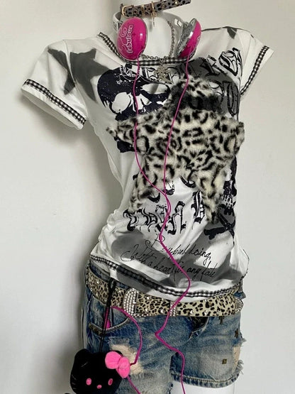 White Leopard Print Subculture Rock Punk Y2K E-girl Abi American Retro Slim Short Sleeve Top