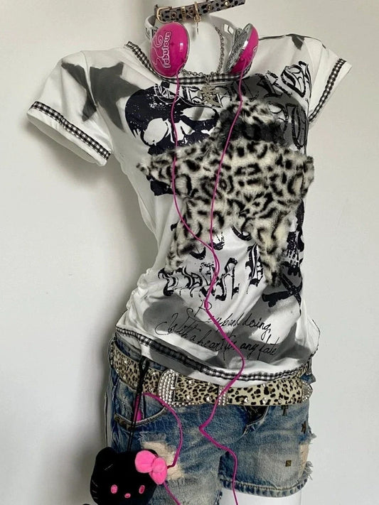 White Leopard Print Subculture Rock Punk Y2K E-girl Abi American Retro Slim Short Sleeve Top