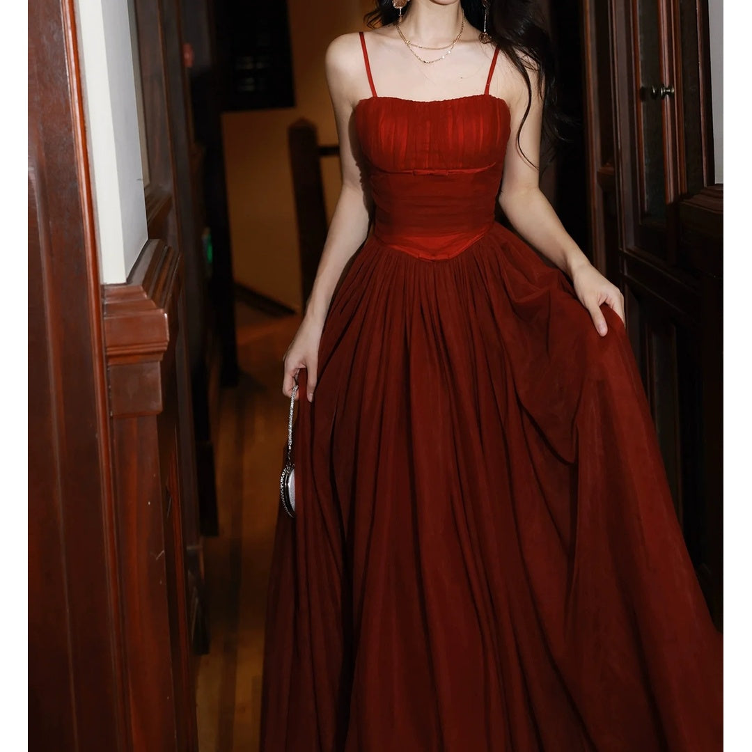 French Ballet Red Mesh Spaghetti Strap Gown Dress