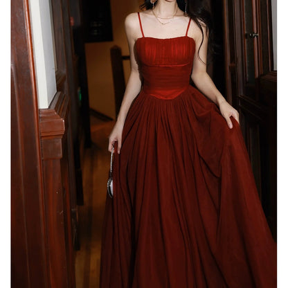 French Ballet Red Mesh Spaghetti Strap Gown Dress