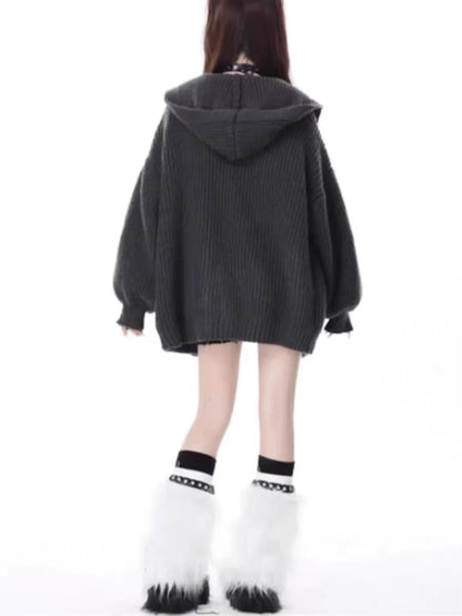 Dark Gray Y2K Retro Bone Print Hooded Sweater