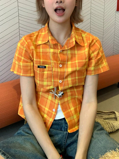 American Plaid Fitted Short Sleeve Shirt Bright-Tone Checkered Cropped Top