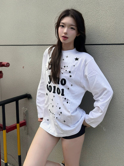 Korean White Star Print Long Sleeve Tee