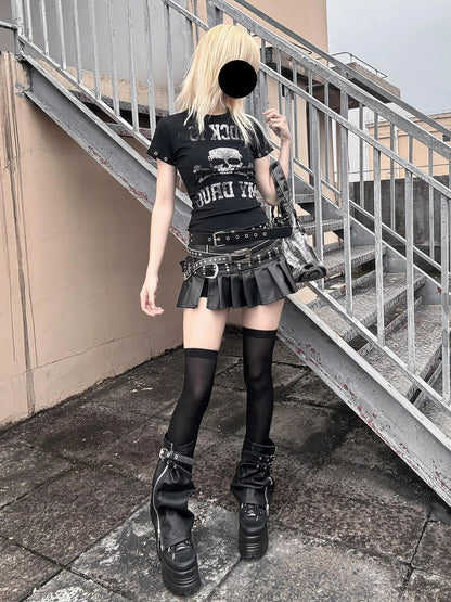 Y2K Skull Print Short Sleeve Top for Summer