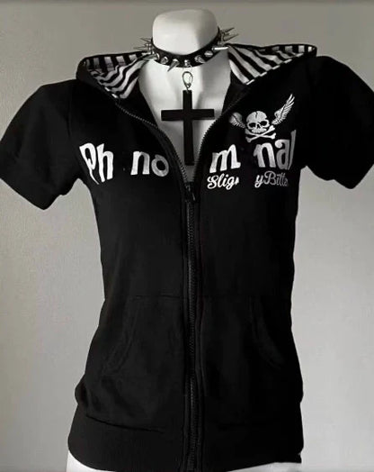 Black Subculture Y2K E-girl Abi Skull Striped Hooded Cardigan-Style Short Sleeve Top