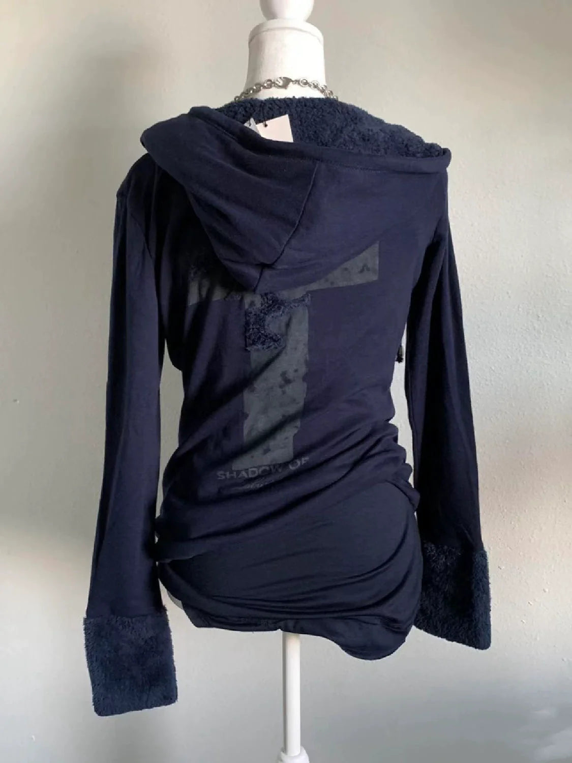 Dark Blue Lamb Wool Patchwork Hoodie Subculture Punk Y2K E-girl Retro Autumn/Winter Hooded Sweatshirt