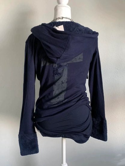 Dark Blue Lamb Wool Patchwork Hoodie Subculture Punk Y2K E-girl Retro Autumn/Winter Hooded Sweatshirt