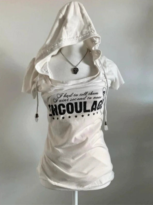 White Vintage Hooded Fake Two-Piece Short Sleeve Y2K T-Shirt