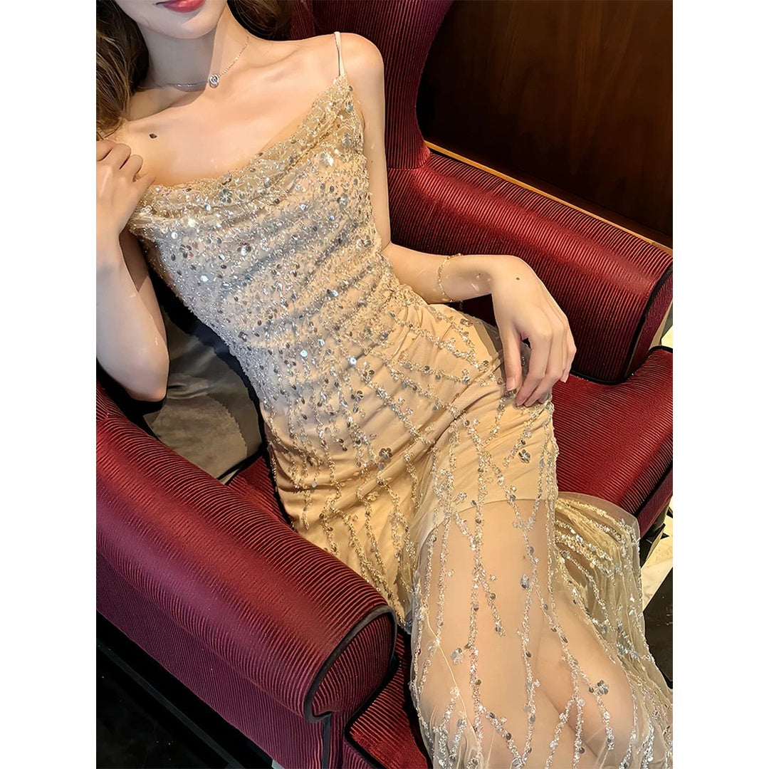 Rhinestone Spaghetti Strap Designer Mermaid Gown Dress