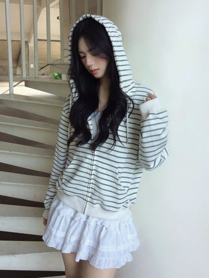 Korean Lazy Chic Striped Hoodie Cropped Zip-Up Sweatshirt