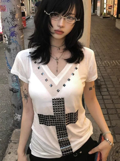 White Subculture Punk Y2K E-girl Abi American Retro V-neck Cross Rhinestone Short Sleeve Top