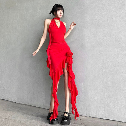 Sexy Tie-Waist V-Neck Ruffle-Paneled Asymmetrical Mini Dress