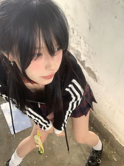 American Retro Black Zip Hoodie Slim Fit Hot Girl Outerwear