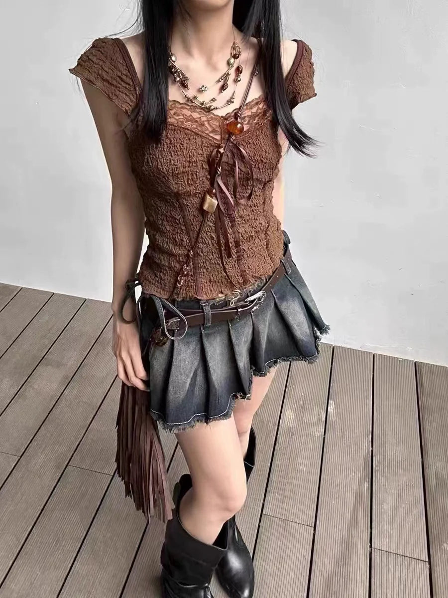 Brown Vintage Textured Lace Bow Panel Y2K T-Shirt