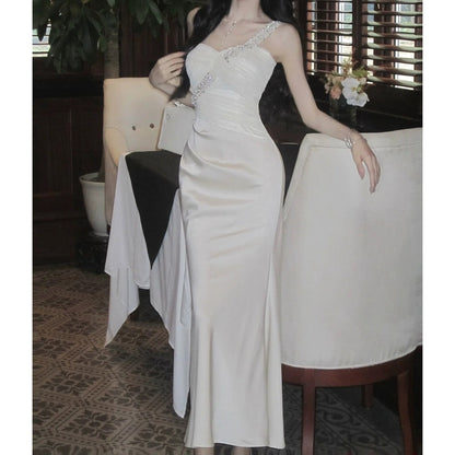 French Small Luxury Satin Asymmetrical Gown Dress – Mermaid Party Dress