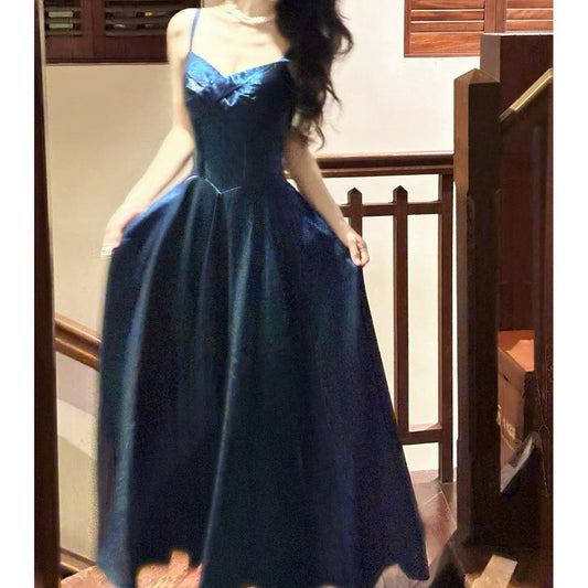 French Blue Spaghetti Strap Waist Gown Dress – Adult Party Dress
