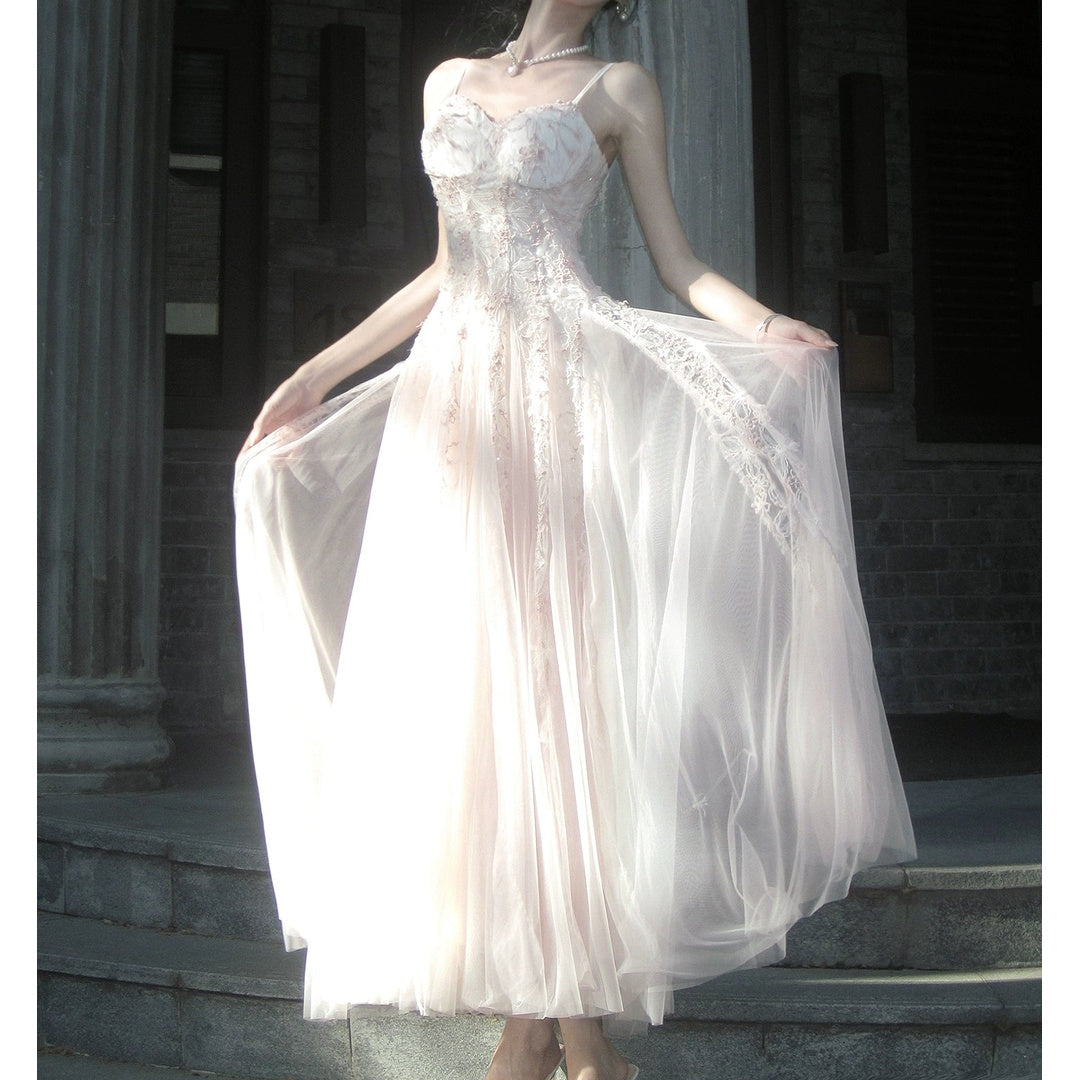 French Pink Chiffon Lace Gown Dress