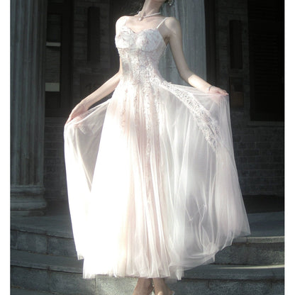 French Pink Chiffon Lace Gown Dress