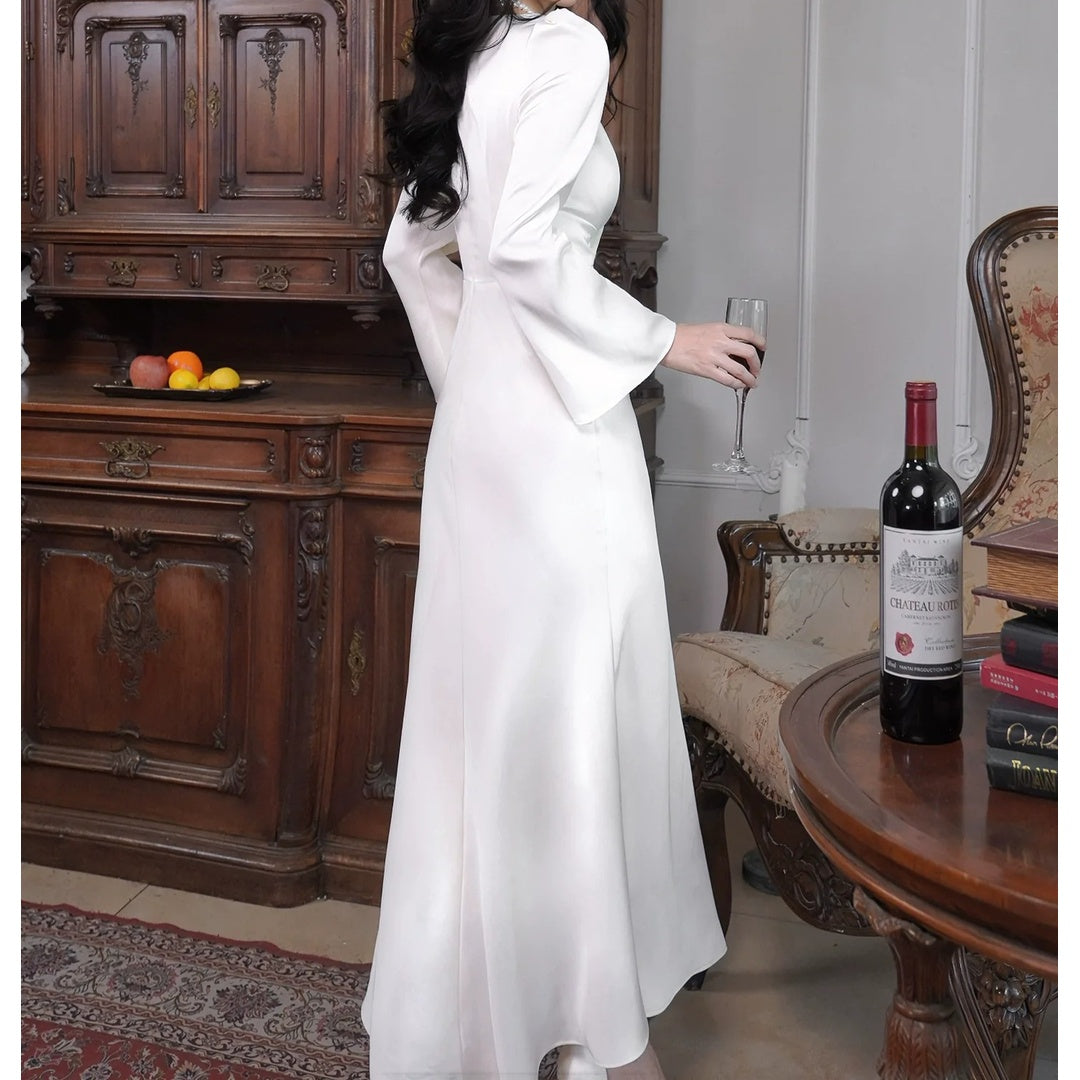 French Satin Long Sleeve Bodycon Birthday Gown Dress