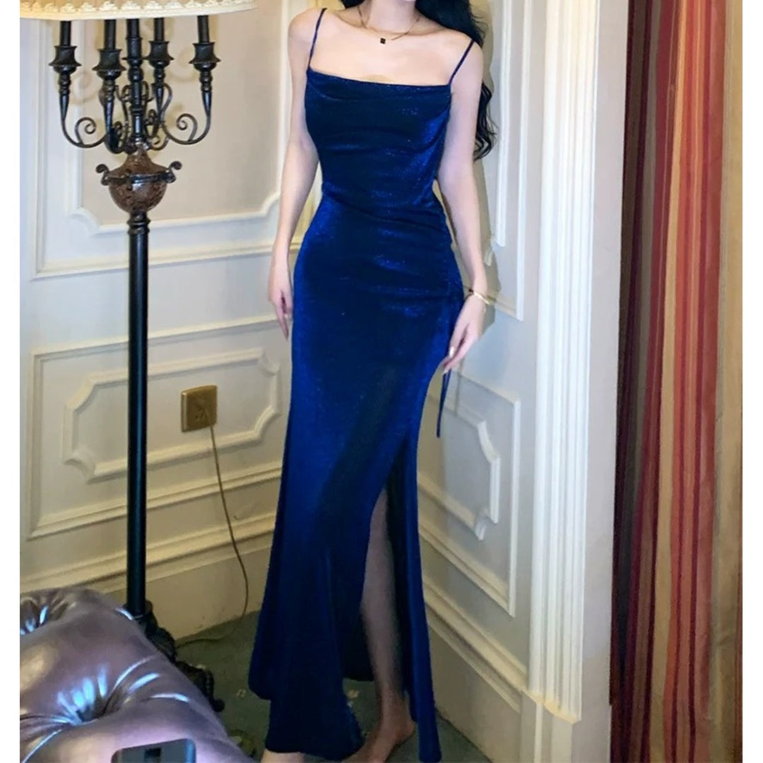 French Slant-Cut Shiny Draped Gown Dress – Luxury Elegant Dress