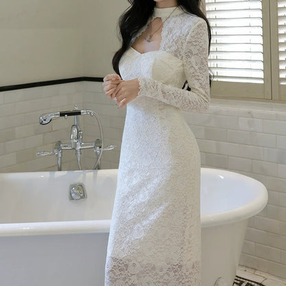 French Lace Cutout Long Sleeve Fall Gown Dress