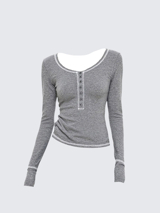 Henley Grey Long Sleeve Top