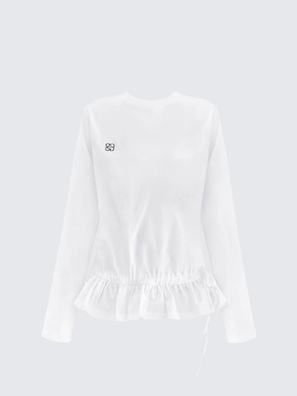 White Embroidered Ruffle Long Sleeve Tee