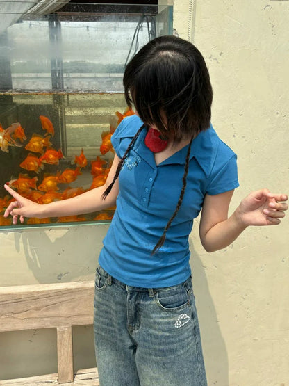 Blue Cropped Polo Shirt Y2K Retro Fitted Short Sleeve Top