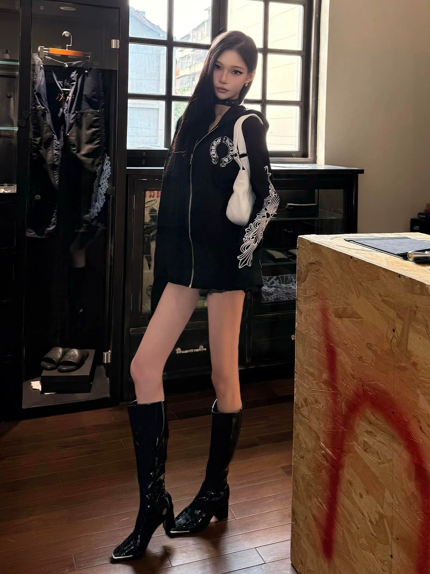 American High Street Black Hoodie Sanskrit Print Zip-Up