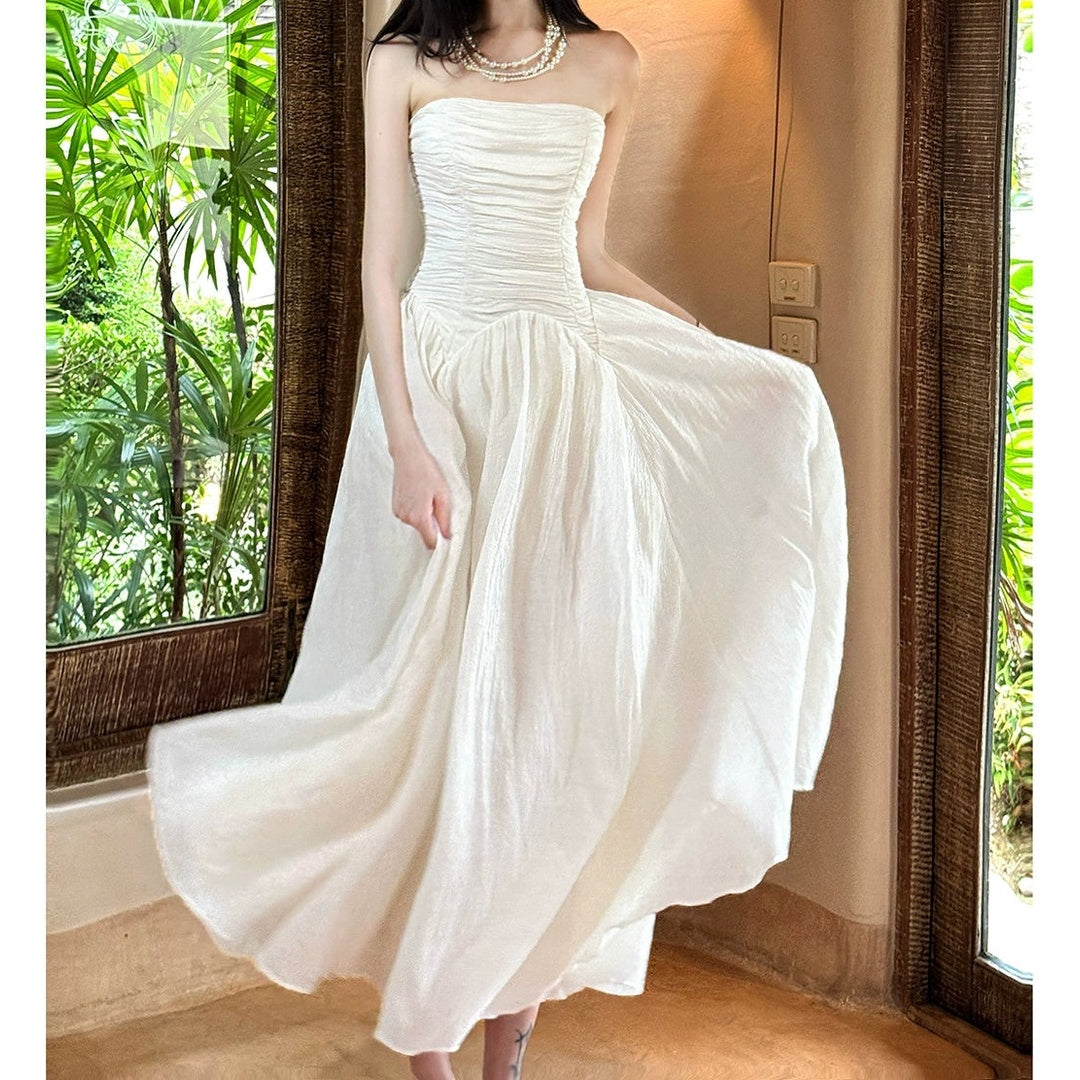 French White Bustier One-Shoulder Gown Dress