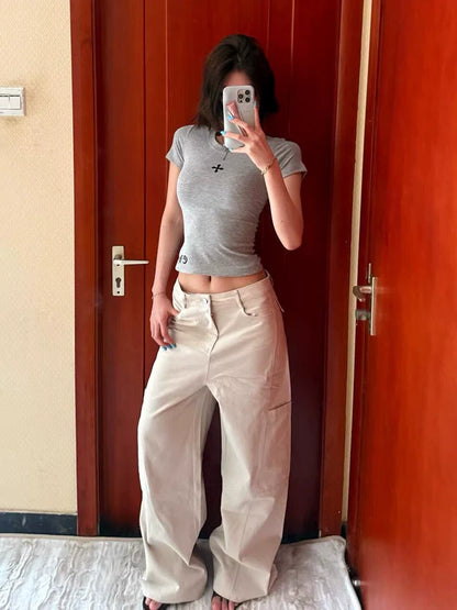 Gray Subculture Y2K E-girl Abi American Retro Cross Print Light Subculture Short Sleeve Top