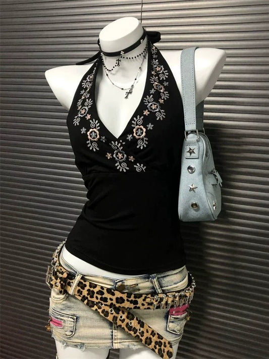 Black American V-Neck Embroidered Halter Backless Y2K Tank Top