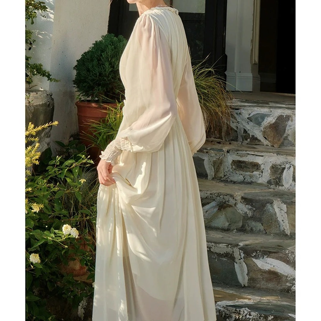 French Knot Waist Long Sleeve Chiffon Gown Dress