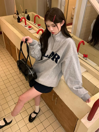 Korean Flocked Embroidery Polo Sweatshirt Heavy Half-Zip Fleece Jacket