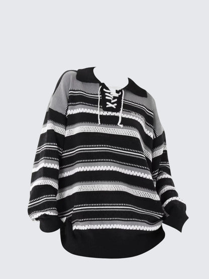 Striped Polo Tie Knit Sweater Women