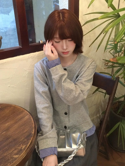 Korean Plaid Layered Cardigan Hoodie  Two-Piece Effect Sweatshirt Preppy Outerwear