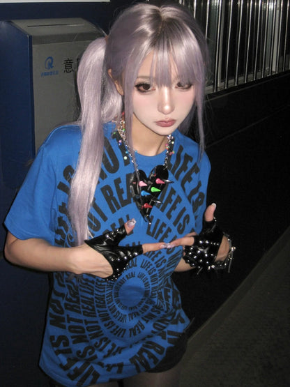 Y2K Subculture Blue Letter Print Fitted Tee  Structured Shoulder Short Sleeve Top